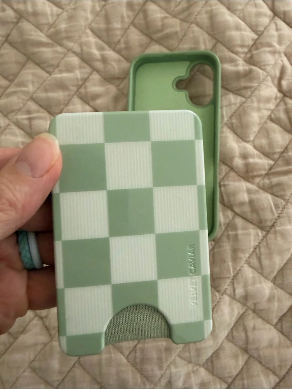 Velvet Caviar Sage Green & White Checkerboard Phone Case with Card Slot